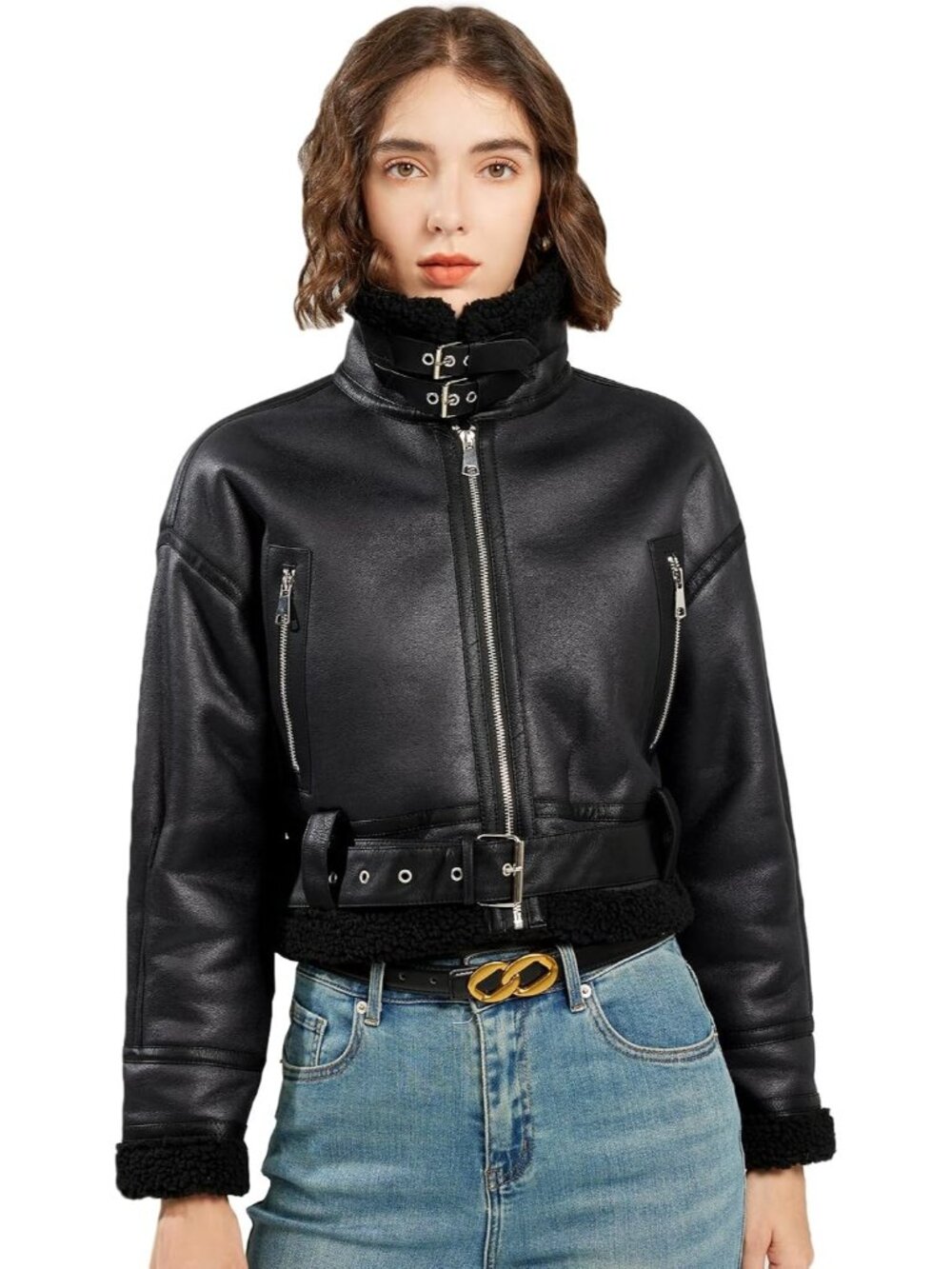 Women's Black Faux Lamb Leather Short Jacket Loose Lapel Zipper Bomber Coat